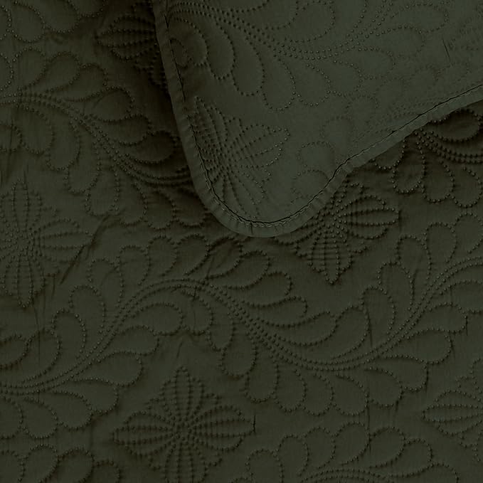 Easy-Going King Size Reversible Quilt Set with 1 Quilt and 2 Pillow Shams, Soft Bed Quilt Cover, Water Resistant Lightweight Microfiber Bedspread, Stain Resistant, Olive Leaf-Army Green/Beige