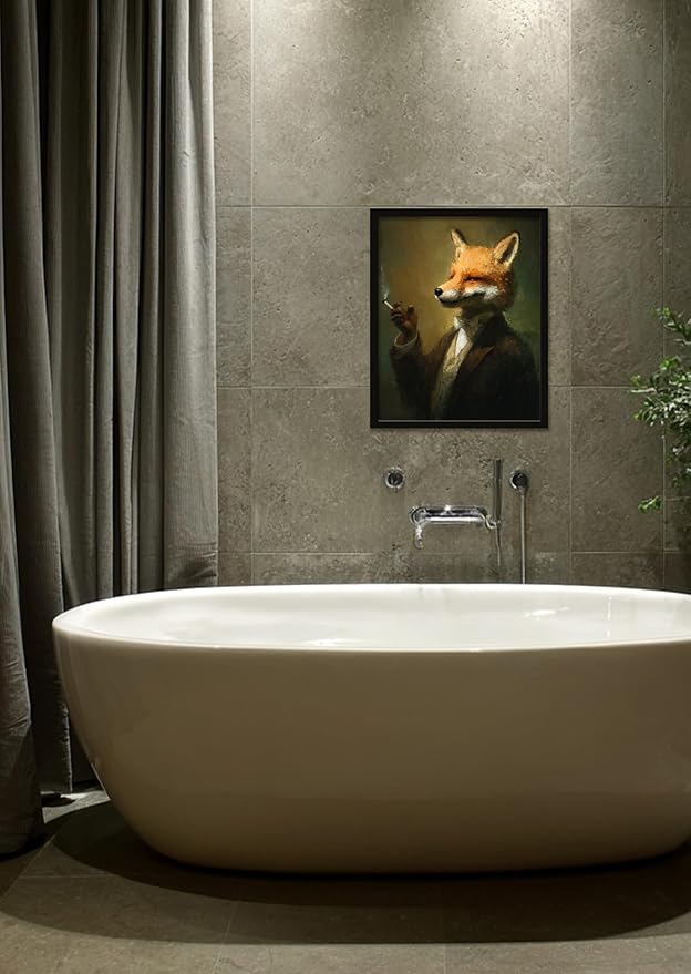 Funny Elegant Animal Wall Art Print Mr. Fox In Thinking Poster Vintage Canvas Art Wall Decor Picture For Bedroom Office living room Bathroom Wall Decor Aesthetic Home Artwork 16" × 20" With Framed