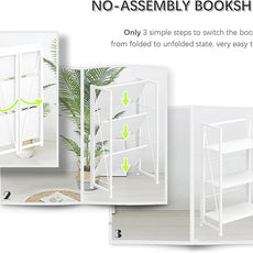 4NM No Assembly Folding Bookshelf Storage Shelves 3 Tiers Vintage Bookcase Standing Racks Study Organizer Home Office (All White)