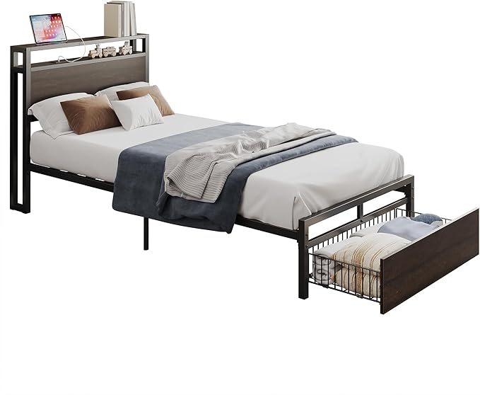 LIKIMIO Twin Bed Frames with Drawer, Storage Headboard with Outlets, No Box Spring Needed, Easy Assembly, Dark Brown