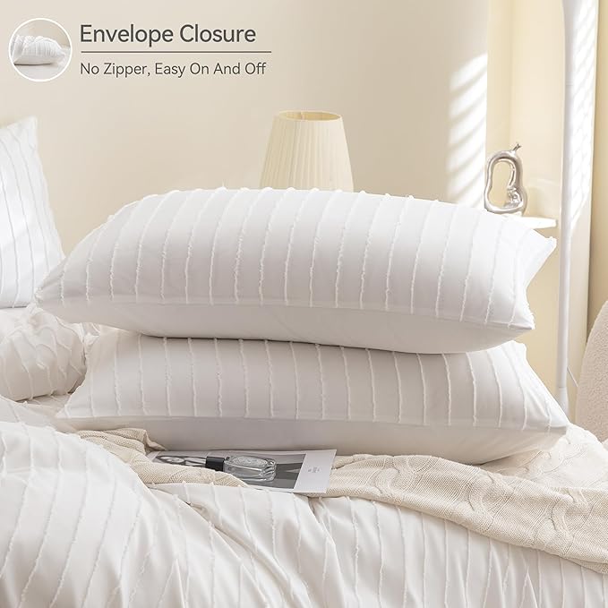 JELLYMONI Duvet Cover Super Queen Size White - 3PCS Boho Striped Duvet Cover Set Polyester Tufted Bohemian Textured Comforter Cover 98×90in with Corner Ties & Zipper and 2 Pillowcases