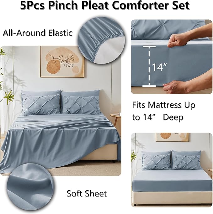 CozyLux Twin Comforter Set with Sheets Grayish Blue, 5 Pieces Pintuck Bed in A Bag, Twin Bed Set Gift for Family, Pinch Pleat Bedding Set with Comforter, Sheets, Pillowcase & Sham