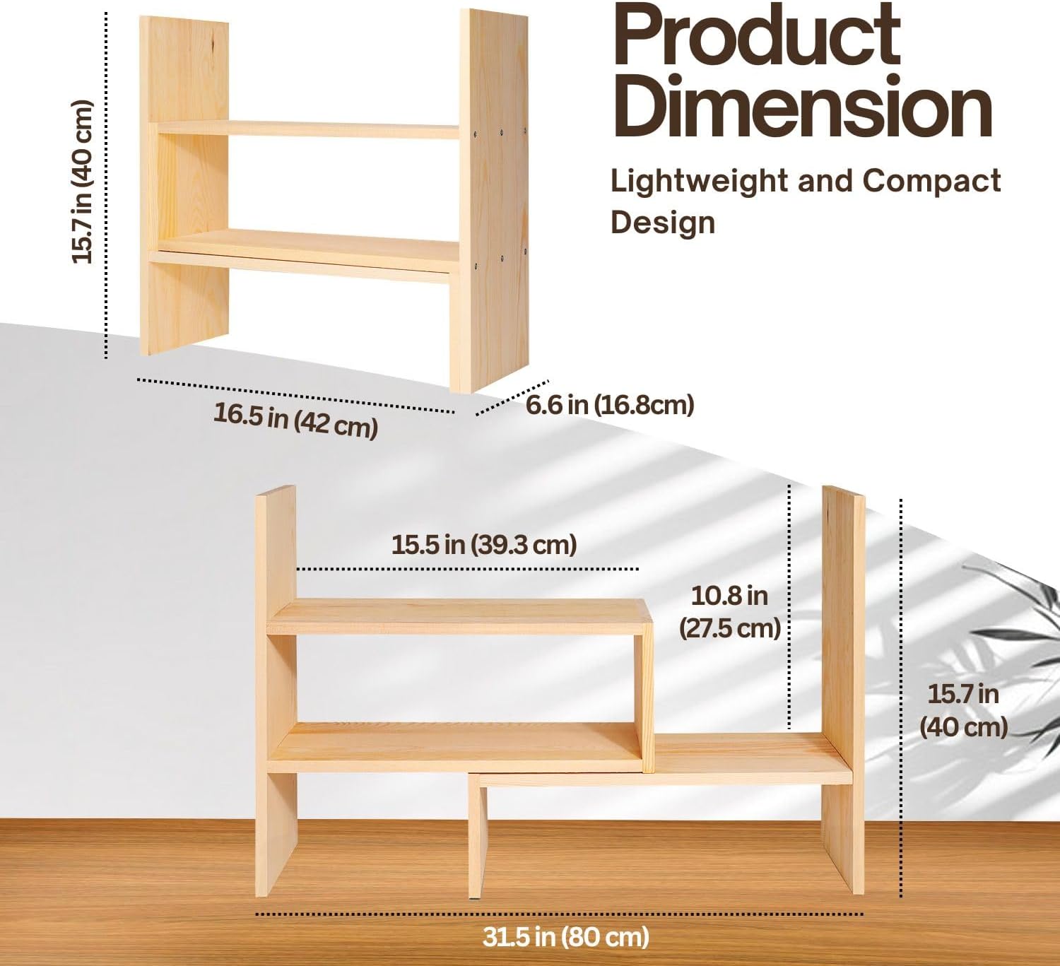 Flexzion Natural Wooden Desktop Shelf Wood Caddy Desk Organizer Set Office Storage Adjustable Expandable Tabletop Accessory Sorter Bookcase Display Stand Rack (Beige)
