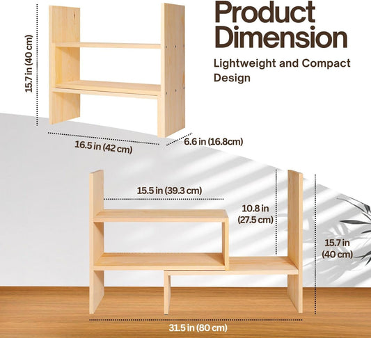 Flexzion Natural Wooden Desktop Shelf Wood Caddy Desk Organizer Set Office Storage Adjustable Expandable Tabletop Accessory Sorter Bookcase Display Stand Rack (Beige)