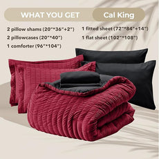 HYMOKEGE Red & Black California King Comforter Set Seersucker 7 Pieces, All Season Luxury Bed in a Bag for Bedroom, Bedding Set with Comforters, Sheets, Pillowcases & Shams