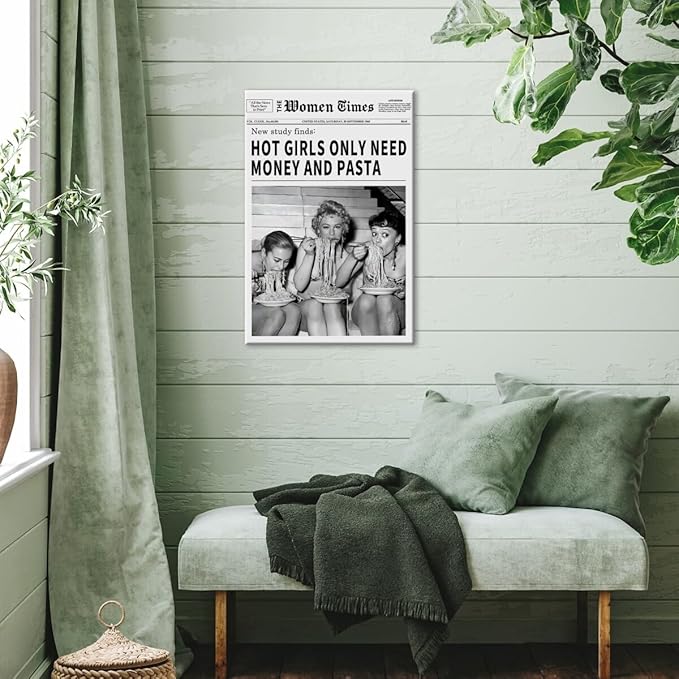 Vintage Women Times Newspaper Canvas Wall Art Black and White Aesthetic Poster Funky Hot Girl Eating Pasta Fashion Prints for Italian Kitchen Bar Cart Girly Dorm Room Art Posters 16x24inch Framed