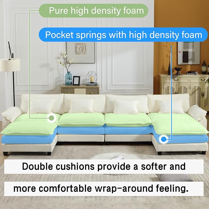 154" Modular Sectional Sofa, Comfy Cloud Couch Sectional Sofa with Ottoman, Chenille Sofa Sleeper Deep Seat Sofa with Throw Pillows for Living Room (Beige White, 154"- U Shape)