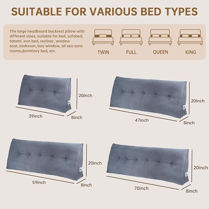 Headboard Pillow Queen Bed Wedge Pillow for Dorm, Daybed, Back Support, Sitting Up, Reading, Relaxing, Dark Grey