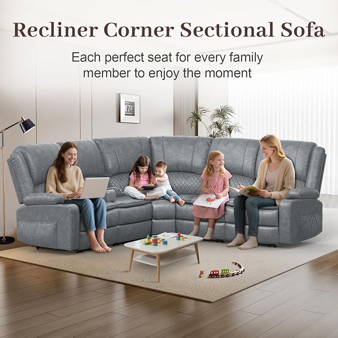 Manual Reclining Sectional Sofa Set, 5 Seats Soft Leather Recliner Corner Sectional Couch, Family-Sized L-Shaped Recliner Couch with USB Charging, Thickened Padding, Sturdy Frame, Grey