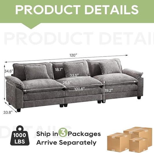 120" Modular Sectional Sofa, Comfy Cloud Couch Sectional Sofa, Chenille Sofa Sleeper Deep Seat Sofa with Throw Pillows for Living Room (Light Gray, 120"- 3 Seater)