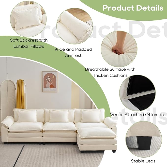 120" Modular Sectional Sofa, Comfy Cloud Couch Sectional Sofa with Ottoman, Chenille Sofa Sleeper Deep Seat Sofa with Throw Pillows for Living Room (Beige White, 120"- L Shape)