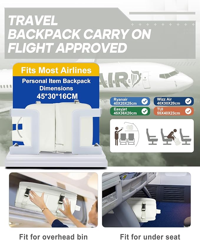 suwasp Vacuum Compression Backpack, 45L Expandable Travel Backpack with Electric Vacpack Pump, Travel Vacuum Bags with Shoe Compartment/17inch Laptop Compartment/USB Port, White