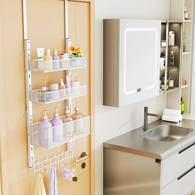 Consumest Over The Door Hooks Organizer - 4 Tier Door Coat Rack with 3 Baskets and 12 Hooks, Stainless Steel Towel Hanger for Bedroom, Bathroom, Living Room, White