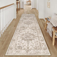 2x8 Washable Neutral Runner Rug Brown Vintage Hallway Kitchen Carpet Non-Slip Soft Low Pile Floral Throw Rug for Bedroom Bathroom Laundry Living Room