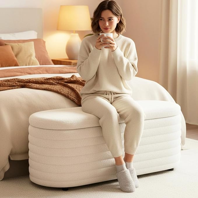 Storage Teddy Ottoman Bench Upholstered Fabric Storage Bench End of Bed Stool with Safety Hinge for Bedroom, Living Room, Entryway, Closet(44.5", White)