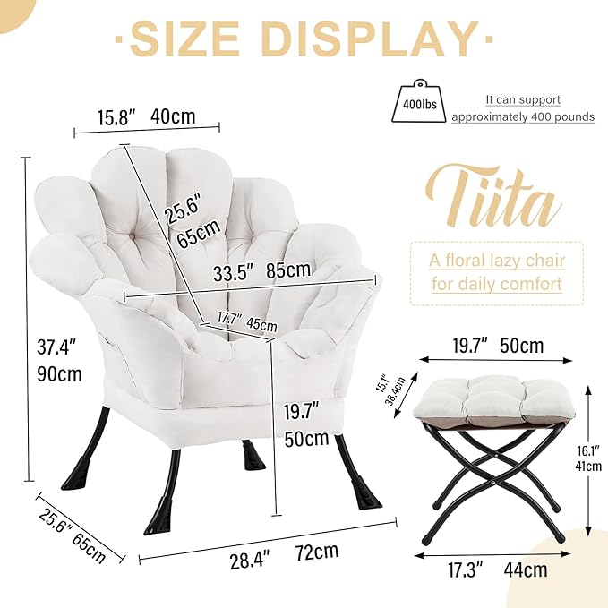 Tiita 2025 Lazy Chair with Ottoman, Modern Floral Upholstered Lounge Armchair, Mid-Century Comfy Reading Chair with Footrest Oversized Armchair for Bedroom, Living Room, Dorm Room, Beige