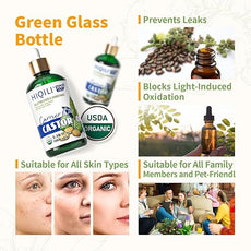 HIQILI Castor Oil Organic Cold Pressed Unrefined Glass Bottle, USDA Certified Organic, Hexane Free - Premium Grade Oil for Face, Hair Growth, Eyelash -3.38 Fl Oz