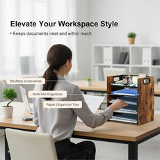 Wood Desk Organizer - 5-Tier Desktop File Organizer, Wooden Paper Tray, Office Desk Organzier and Accessories for Papers, Mail, Notebooks, Stationery