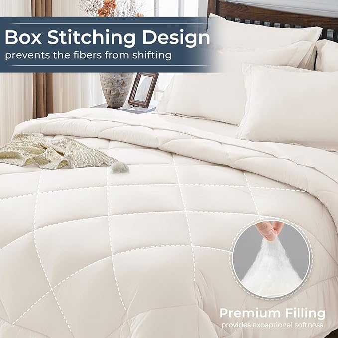 HEVUMYI Ivory Cali-King Comforter Set - 7-Piece All Season Bed in a Bag Cali-King, Ultra Soft Bedding Set with Comforter, Flat Sheet, Fitted Sheet, Pillowcases, Pillow Shams
