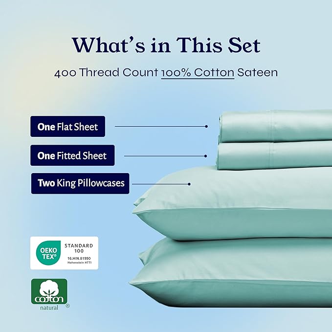 California Design Den 400 Thread Count Natural 100% Cotton Sheets, King Bed Sheets Set with Deep Pockets, Sateen, Durable & Breathable Bedding - Seafoam CaliforniaDesignDen