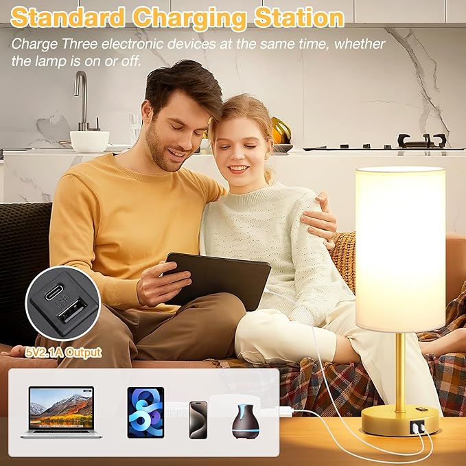 Touch Bedside Table Lamp with USB - 3 Way Dimmable Gold Lamp for Bedroom Nightstand, Desk Lamp with Charging Station for Dorm, Office, Kids Room, Living Room