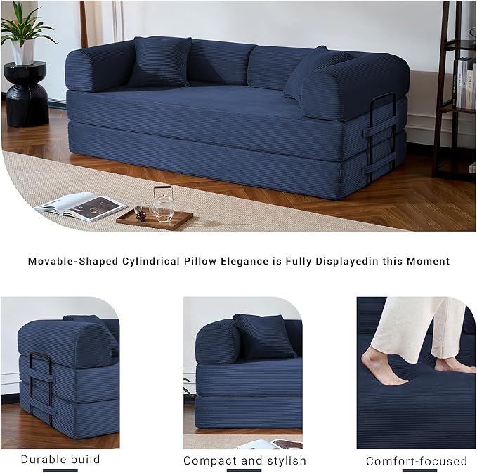 Compressed Sofa, Convertible Sofa Bed, Corduroy Compression Boneless Couch with Pillow, Comfy Modular Foldable Floor Sleeper Sofa for Bedroom, Living Room, Lounge, Studio (Dark Blue)