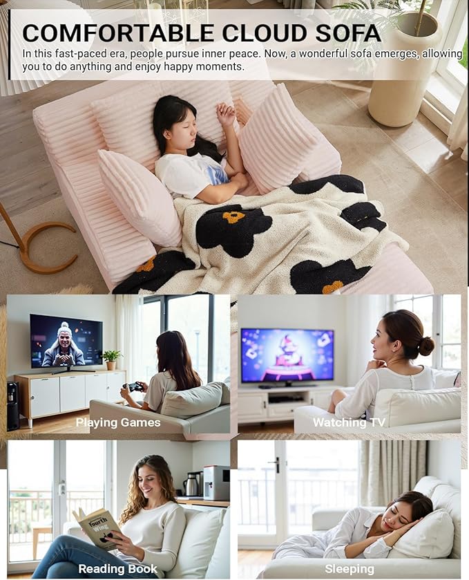 67 Inch Chaise Lounge Chair Indoor, Oversized Corduroy Upholstered Boneless Sofa Bed, Deep Seat Sleeper Couch Reading Chairs, Cloud Sofas Couches for Living Room, No Assembly Required (Pink)