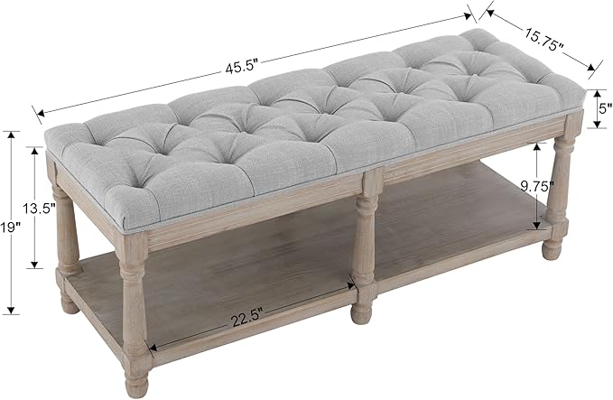chairus Shoe Rack Bench Storage Vintage Bedroom Padded Bench Seat End of Bed, Fabric Tufted Farmhouse French Entryway Bench with Wood Legs for Hallway Foyer, Gray