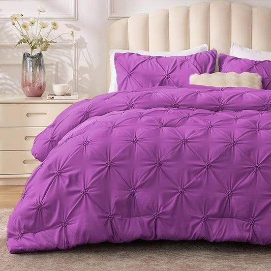 BEDELITE Purple Queen Comforter Set - 3 Pieces Boho Pintuck Bedding Comforter Sets, Lightweight Soft & Warm Bed Comforter Queen with 2 Pillowcases for All Season