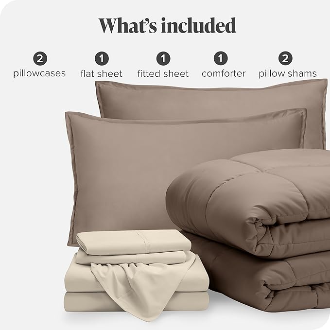 Bare Home Bed-in-A-Bag 7 Piece Comforter & Sheet Set - Full - Goose Down Alternative - Ultra-Soft 1800 Premium - Bedding Set (Full, Taupe/Sand)