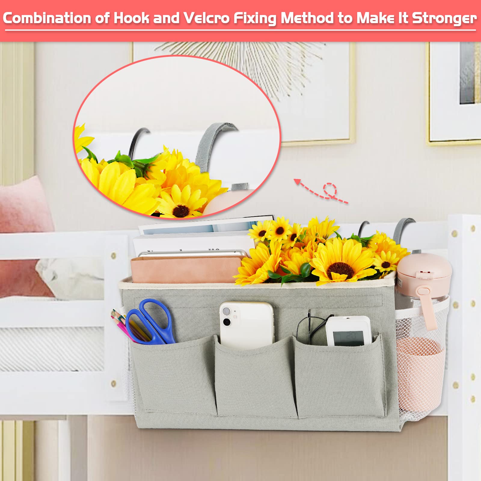 Loghot Bedside Caddy/Bedside Storage Bag Hanging Organizer for Bunk and Hospital Beds,Dorm Rooms Bed Rails,Can be Placed Glasses,Books,Mobile Phones,Keys (Light Pink) Dormly