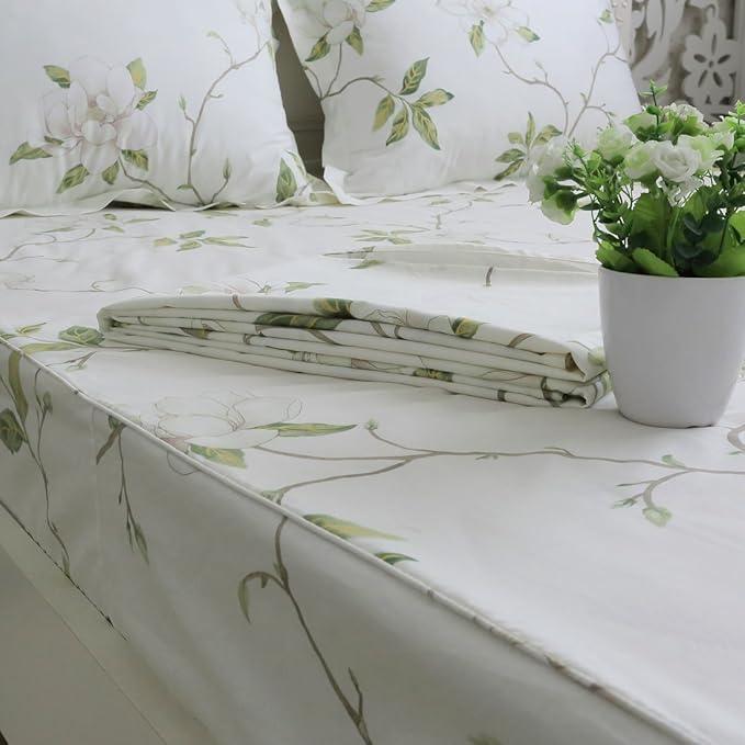 FADFAY Shabby White Floral Bed Sheet Set 100% Cotton Sheets Green Leaves 4Piece - Twin XL Size