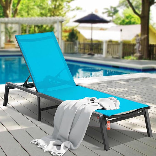 VEVOR Chaise Lounge Chairs Outdoor, Aluminum Patio Lounge Chairs with Adjustable 5-Position, Folding Pool Chair Recliner and Full Flat Tanning Chair for Patio, Beach, Pool, Blue