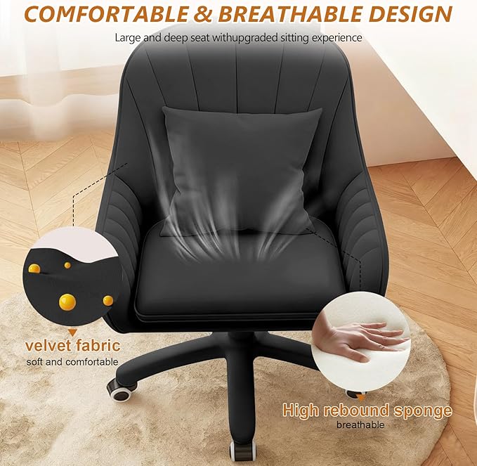 Cute Home Office Chair Velvet Upholstered Desk Chairs with Mid Back Swivel Adjustable Makeup Vanity Computer Chair with Wheels