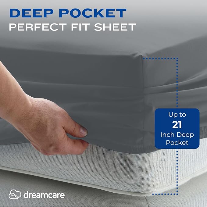 DREAMCARE Full Size Sheets – 4 pcs Cooling Sheets – up to 21” Deep Full Sheet Set – Hotel Luxury Sheets & Pillowcases – Superior Softness 100% Fine Microfiber with Side Pocket – DGray DREAMCARE