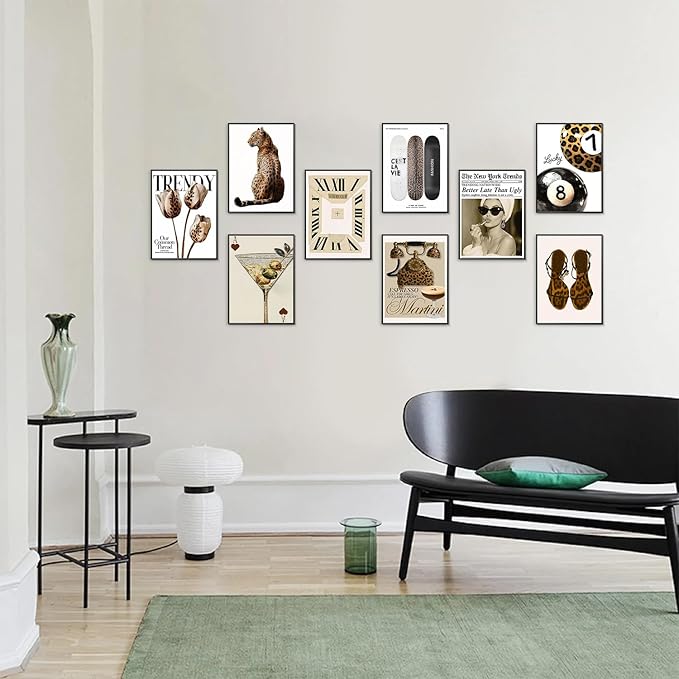 Trendy Leopard Wall Art Set of 9, Aesthetic Cheetah Wall Decor Paintings,Fashion Leopard Y2k Preppy Cheetah Posters Prints Pictures for Apartment Dorm Living Room Home Decor 8x10 Inch Unframed