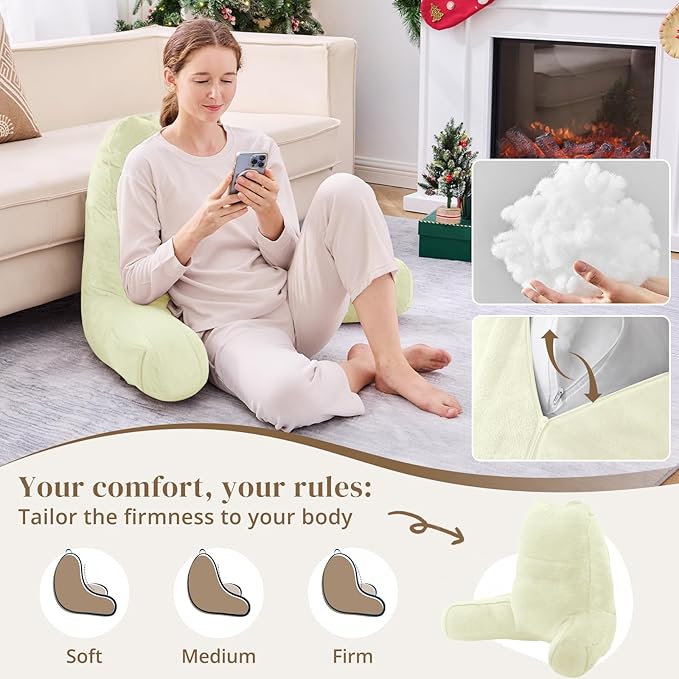 Sasttie Reading Pillow for Bed - 23 Inch, Back Pillow for Bed Sitting Up, Back-Rest Support Cushion with Side Pockets and Arms, Dorm Essentials, Oeko-Tex Certified, Cream
