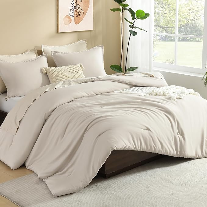 Litanika Comforter Set, Lightweight Solid Bedding Comforter Set, Fluffy Down Alternative Bed Set, Oatmeal, California King