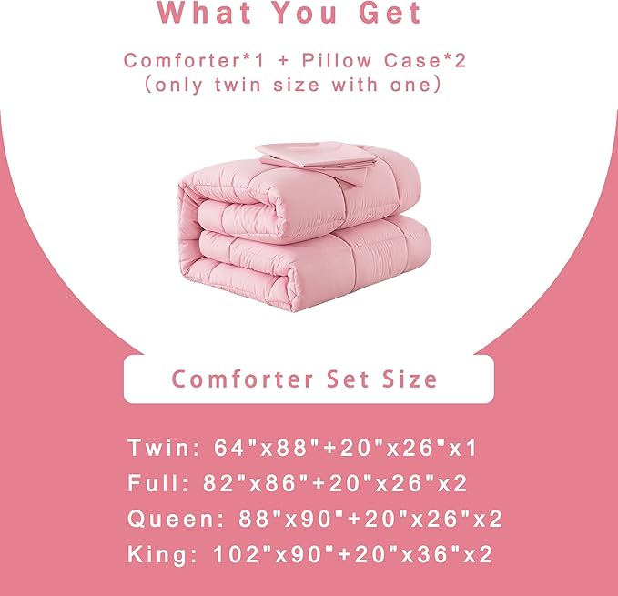DOWNCOOL Queen Comforter Set -All Season Bedding Comforters Sets with 2 Pillow Cases-3 Pieces Bedding Sets Queen -Down Alternative Pink Queen Size Comforter Sets(88"x92")