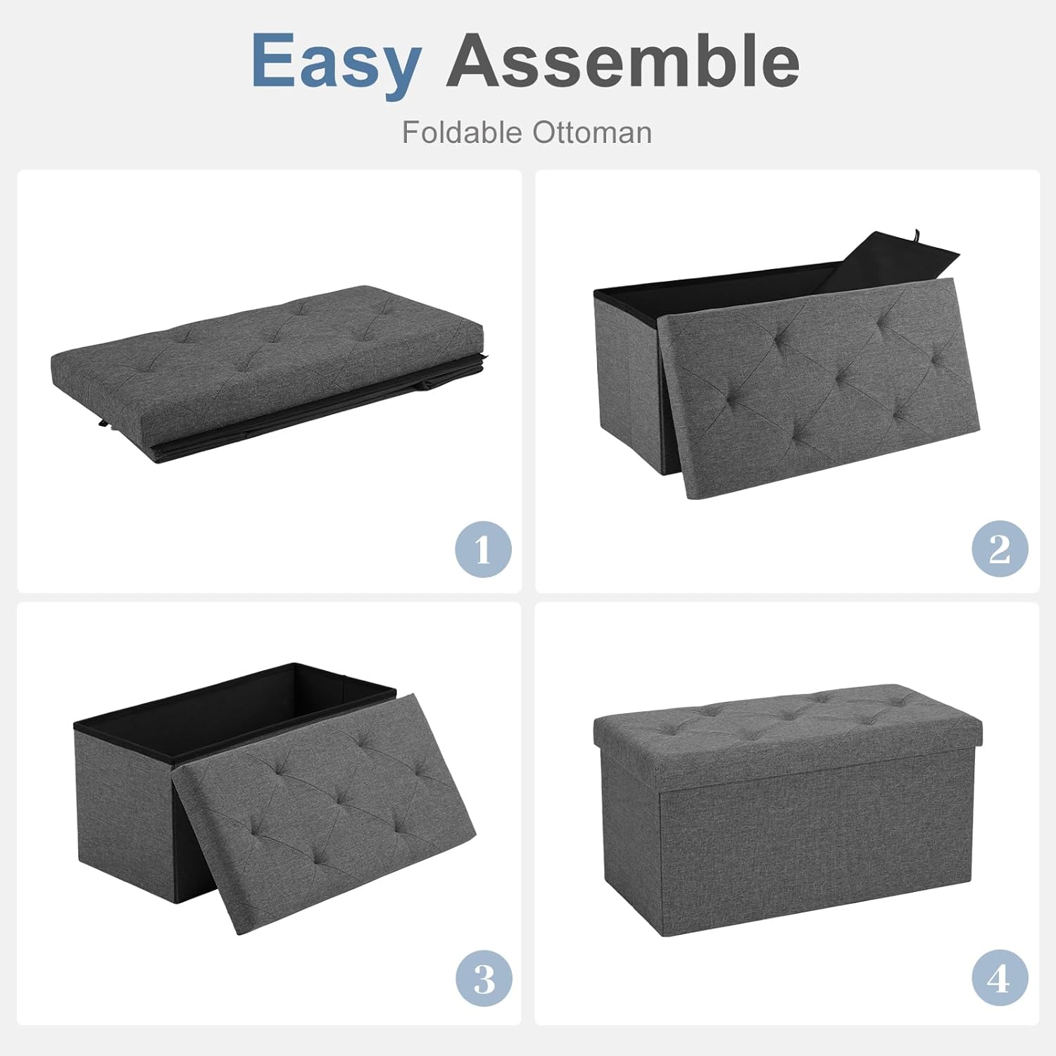 DUMOS 30in Foldable Storage Ottoman Bench, Storage Chest, End of Bed Foot Rest Stool with Padded Seat, Bedroom Bench for Living Room, Bedroom, Support 660lbs, Grey Dormly