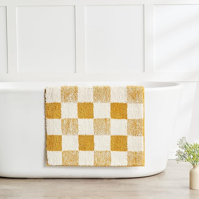 CozeCube Bath mats for Bathroom Non Slip, Fluffy Absorbent Microfiber Bath mat Washable, Aesthetic Bathroom Rugs, Large Harvest Gold Checkered Bath mat, Harvest Gold, 36" x 24"