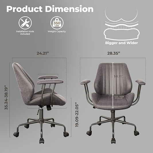 ovios Ergonomic Office Chair, Mid Back Faux Leather Executive Chairs with Armrests, Comfy Mid-Century Modern Swivel Rolling Computer Armchair (Dark Grey, Suede Leather)