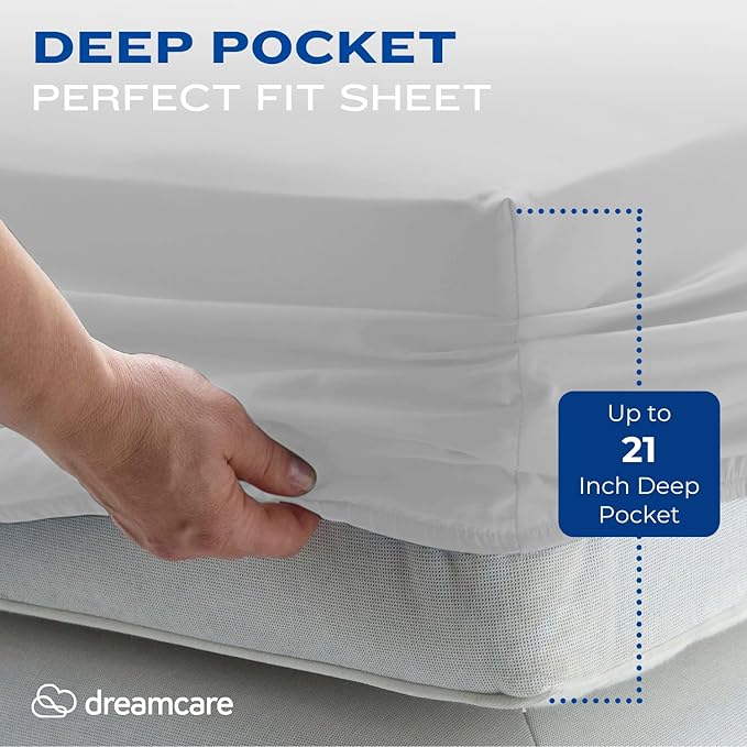 DREAMCARE California King Sheet Sets – 4 pcs Cooling Sheets – up to 21” Deep Cal King Sheets – Hotel Luxury Pillowcases – Superior Softness 100% Fine Microfiber with Side Pocket – Light Gray DREAMCARE