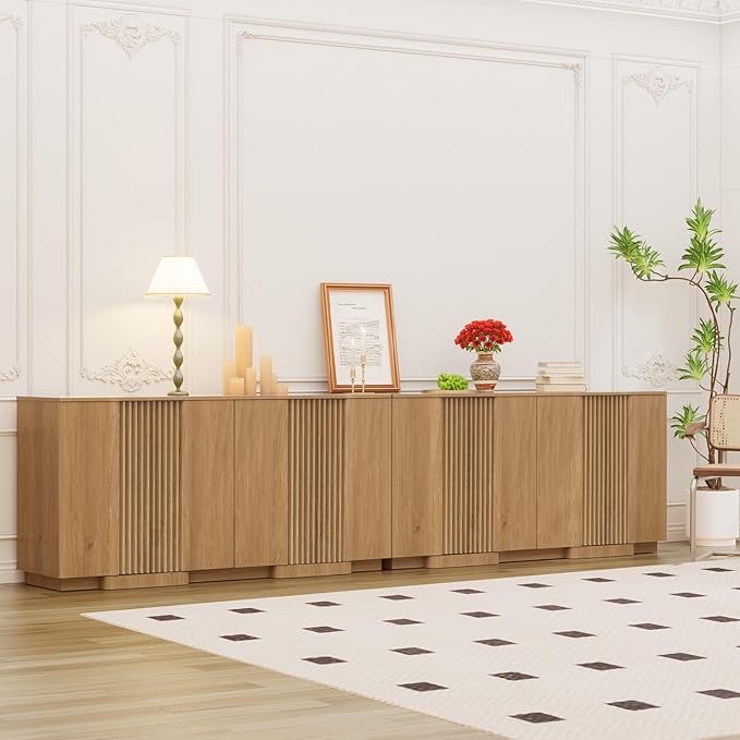 Yechen Buffet Cabinet with Storage, 118" Accent Sideboard Modern Credenza Set of 2 with Doors & Adjustable Shelves Fluted Media Console Wood Coffee Bar Table for Living Kitchen Dining Room
