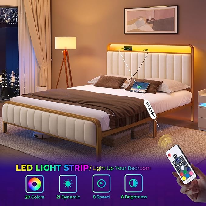 Rolanstar Full Size Bed Frame with LED Light and Charging Station, Upholstered Headboard and Footboard, Metal Slat, Noise Free, Easy Assembly, Golden