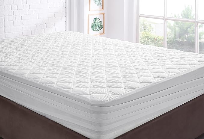 YATAS BEDDING Perle Quilted Fitted Mattress Protector, Machine Washable and Easy Care, Superior Protection and Comfort,100% Cotton Breathable top, White (Queen) - 59"x79" - 14" Deep Pocket
