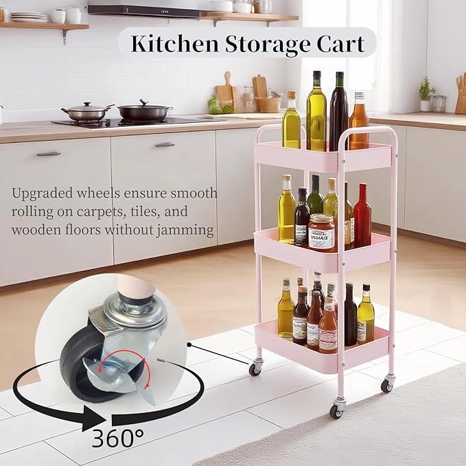 3 Tier Pink Rolling Cart for Nursery & Laundry Room with Handle & 4 Hooks, Metal Kitchen Storage Cart on Wheels and Lockable Casters, Large Capacity Sturdy Trolley for Lash Craft Bathroom