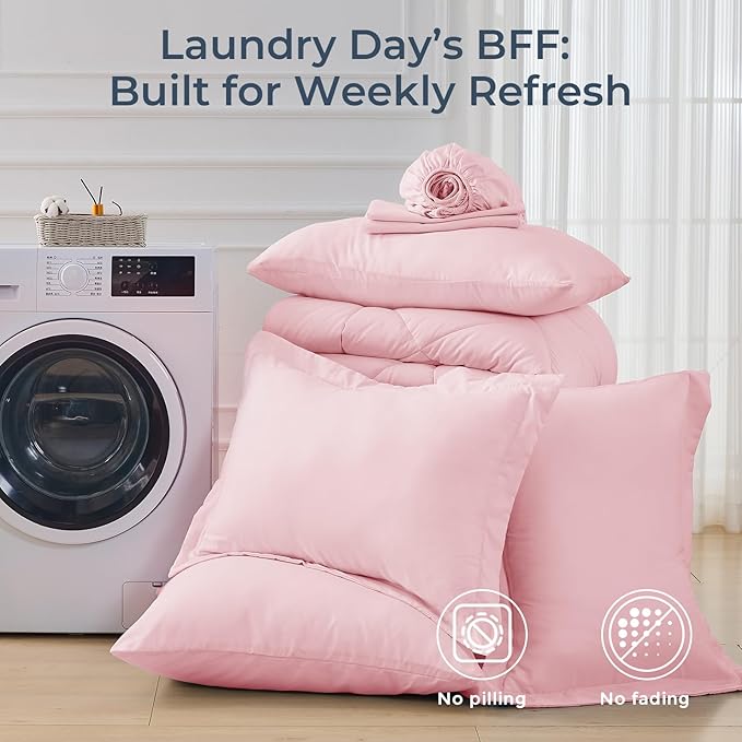 HEVUMYI Pink Full Comforter Set - 7-Piece All Season Bed in a Bag Full, Ultra Soft Bedding Set with Comforter, Flat Sheet, Fitted Sheet, Pillowcases, Pillow Shams, Pink