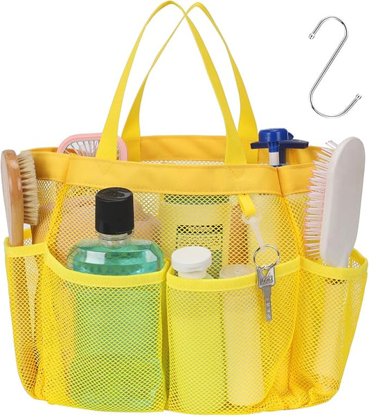F-color Mesh Shower Caddy Portable, Upgrade Deeper 7 Pockets Shower Bag Basket Tote for College Dorm Room Toiletry Bathroom Essentials Gym Camp Quick Dry 2 handles with S Hook, Yellow