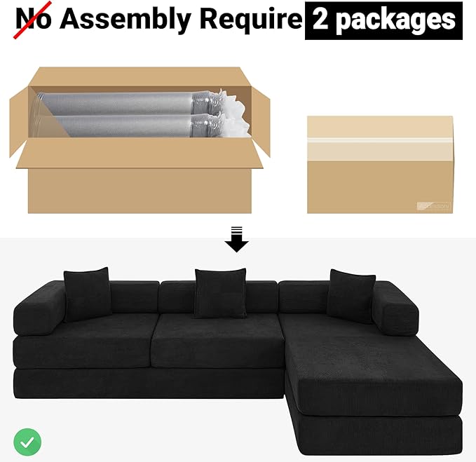 108" Oversized Convertible Sleeper Sofa Bed, Corduroy L Shape Sectional Couch, Folding Sofa Bed with Fixed-Shape Frame, Modern Cloud Floor Mattress Couch, Modular Sofa for Living Room,Black